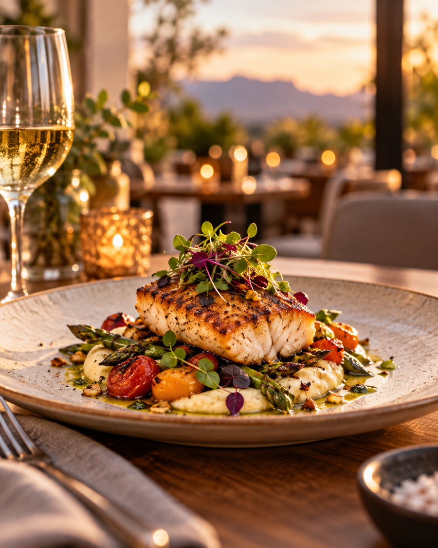Trucha salmonada con quinoa y vegetales asados servida en la terraza al atardecer