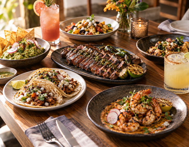 Mesa Pura Mesa con tacos de carne asada, entraña, camarones al ajillo y bebidas