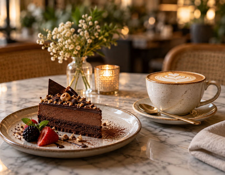 Torta de chocolate con frutos rojos y un capuchino sobre una mesa de mármol