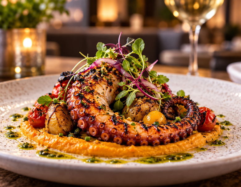 Pulpo a la parrilla sobre crema de zanahoria con tomates asados